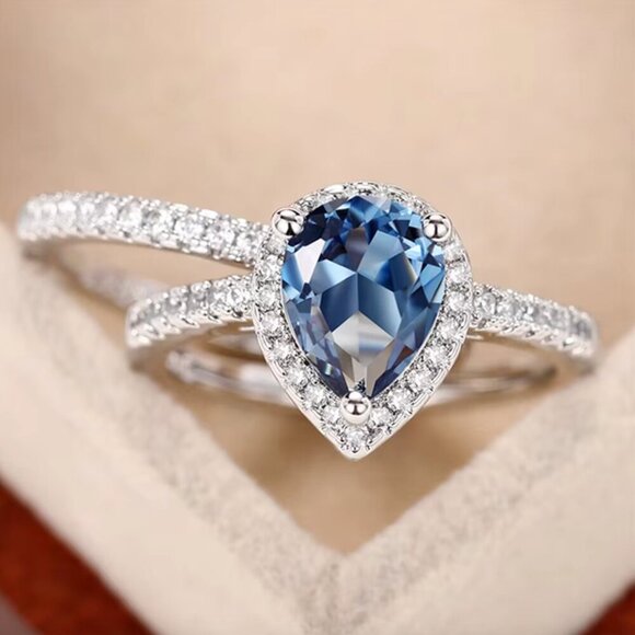 18k White Gold Sapphire Blue Diamond Pear Cut Ring Teardrop Ring - Picture 3 of 6